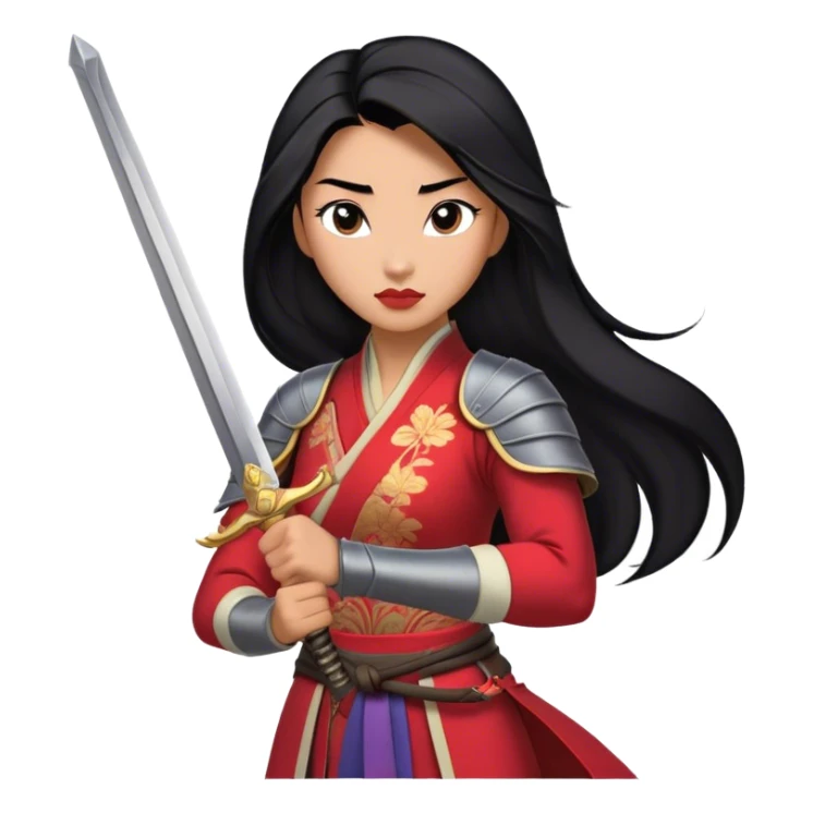 Cinematic Realistic Mulan Portrait, depicted with lifelike skin texture, soft natural lighting, and intricately detailed long black hair styled elegantly. Her deep, expressive eyes exude determination and grace, complemented by a serene yet confident expression. She stands with one hand resting on the hilt of her sword, the other by her side, exuding strength and poise. She is dressed in her classic attire, with rich fabric textures and delicate folds that catch the light beautifully. The portrait features a soft, enchanting glow with a natural, radiant finish, capturing the essence of timeless strength and beauty in a realistic and painterly style, evoking a sense of depth and authenticity. sticker