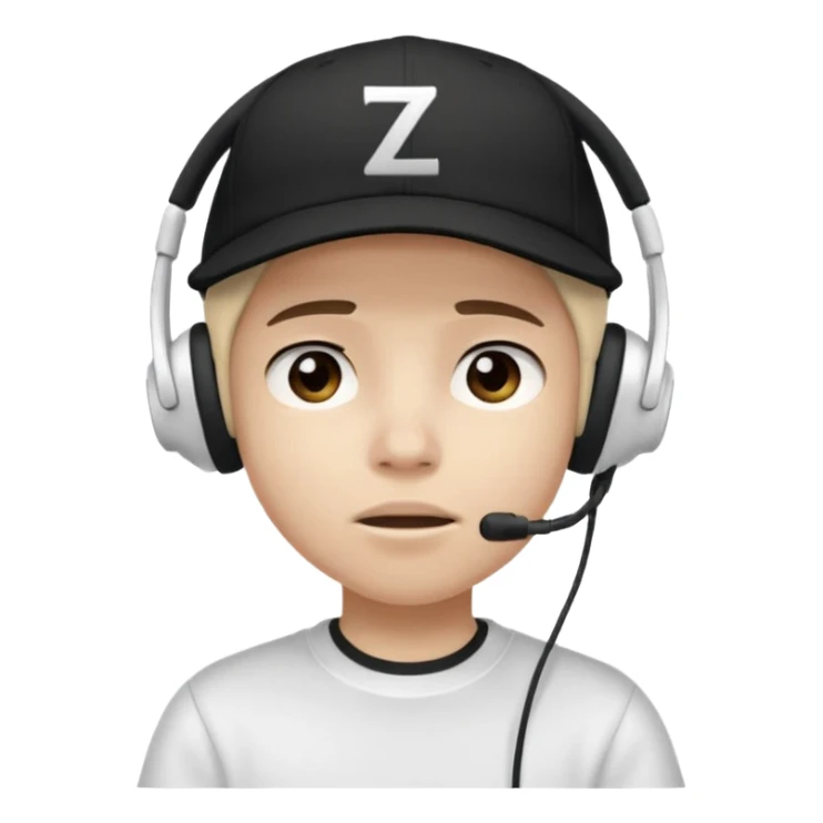 Adolescente com fone branco no ouvido é um boné preto, com uma carinha de sono e uns z z z sticker