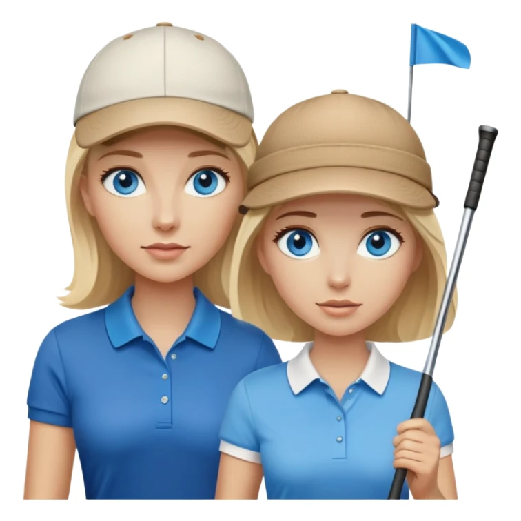 Blonde woman with blue eyes wearing hat playing golf with white man with brown hair wearing blue polo sticker