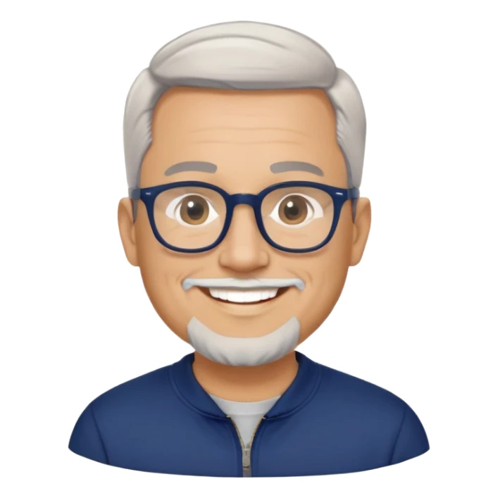 Light-skinned wider-built man with oval face, very close-cut hair (shorter on top, skin fade), short graying beard, big black glasses frames, happy smile, navy blue zip-up sweatshirt with long sleeves sticker