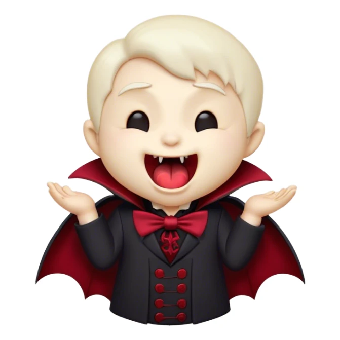 Cinematic Cute Yawning Vampire Portrait Emoji, with a small, rounded, charming pale face accented with tiny playful fangs and droopy, half-closed eyes, head tilted in an adorable wide yawn, dressed in miniature elegant dark attire with a hint of crimson, simplified yet irresistibly endearing, highly detailed with a soft, mysterious glow and gentle outline that captures the cute, drowsy side of an immortal! sticker