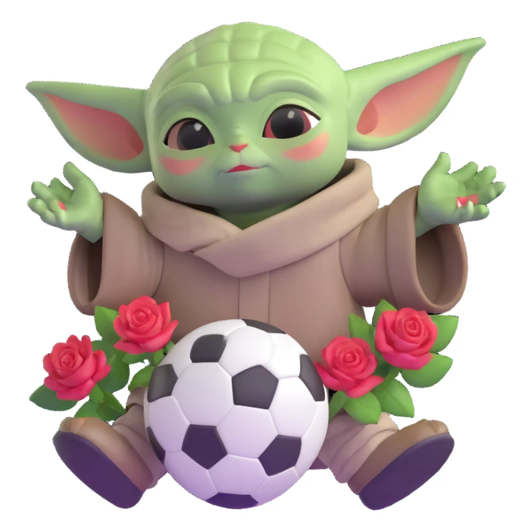 baby yoda kicking a soccer ball with small roses beside him sticker