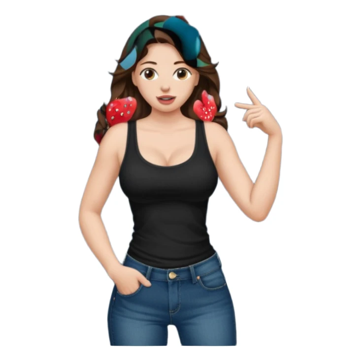 Medium length wavy Brown hair. Very Large boobs. Black tanktop. Side profile. Tongue. Hand on man's jeans sticker