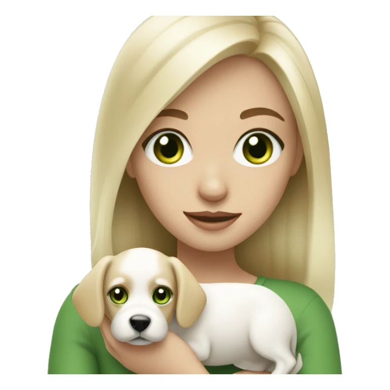 white blonde girl with green eyes holding white small dog sticker