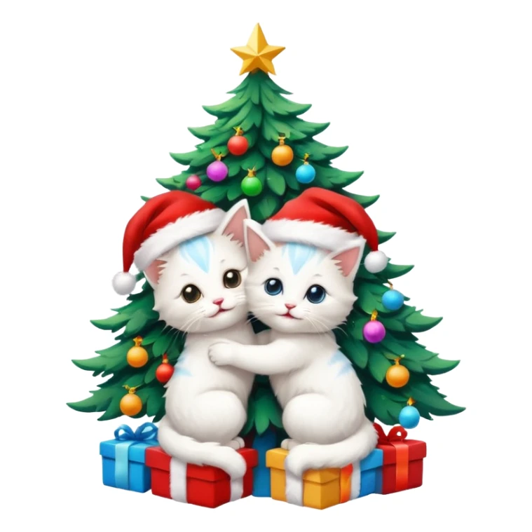 two hugging white happy fluffy cute kittens with Santa hats by a colorful multicolored bright little up Christmas tree sticker