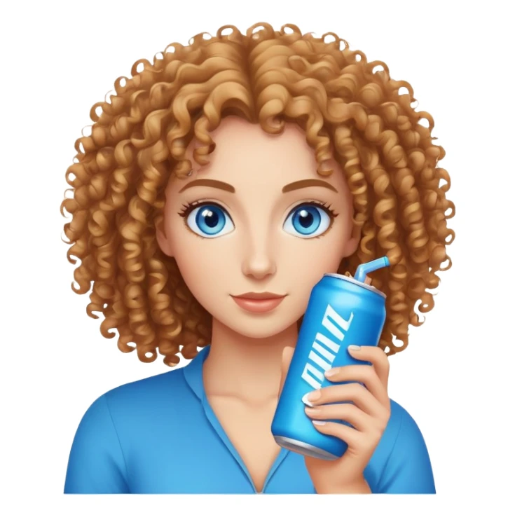 Curly haired, Blue eyed woman holding an alani energy drink can sticker