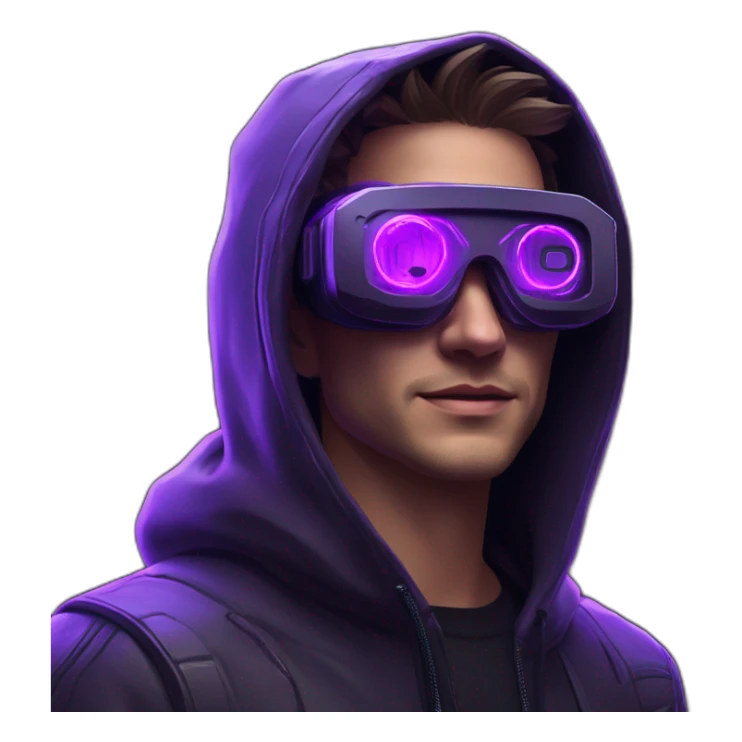 Alekséi Vorobiov wearing a black hoodie with "OMG" letters on it and VR headset in a cyberpunk VR environment with violet neon lighting. sticker