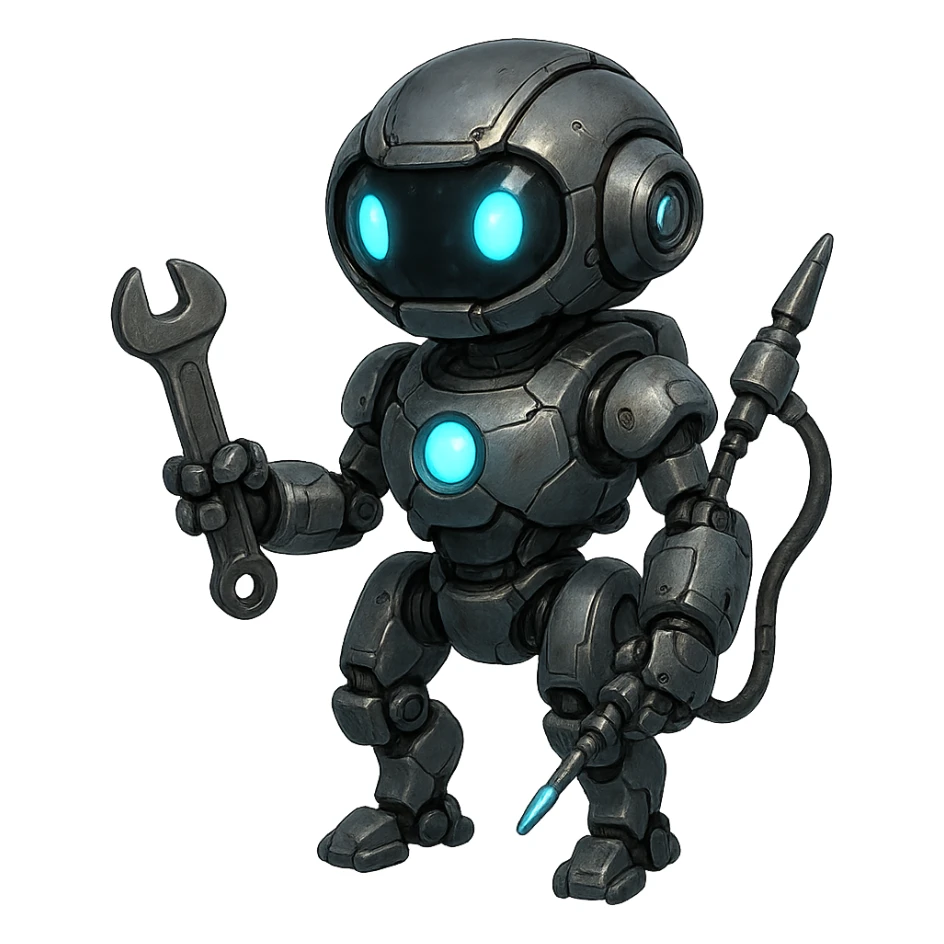 worker drone, futuristic, metallic body, glowing blue lights, carrying tools sticker