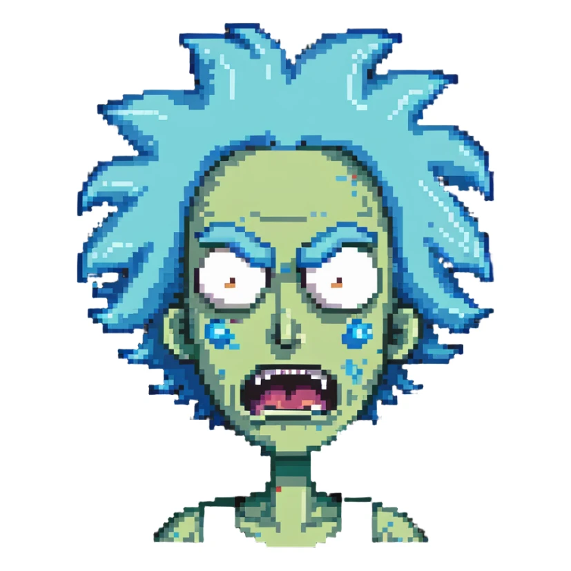Rick from Rick and Morty with angry expression, wild blue hair, furious face sticker
