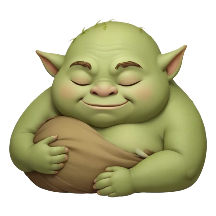 Meme-Worthy Cute Sleeping Ogre Portrait Emoji, with a surprisingly endearing, plump figure in soft earthy greens and browns, head drooping gently with closed, relaxed eyes and a content, sleepy grin, simplified yet adorably detailed, glowing with a soft warm outline that captures the peaceful slumber of a friendly ogre after a day of gentle mischief! sticker