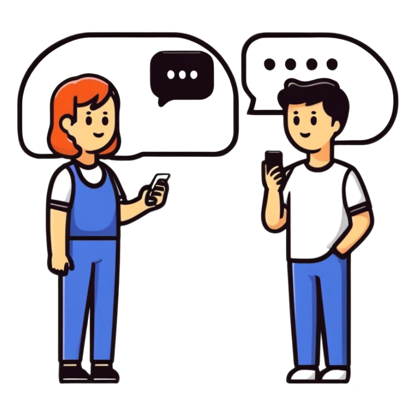 two people resolving conflict, one showing avoidant style looking at phone ignoring the issue, the other showing secure style with a conversation bubble suggesting talking it through sticker
