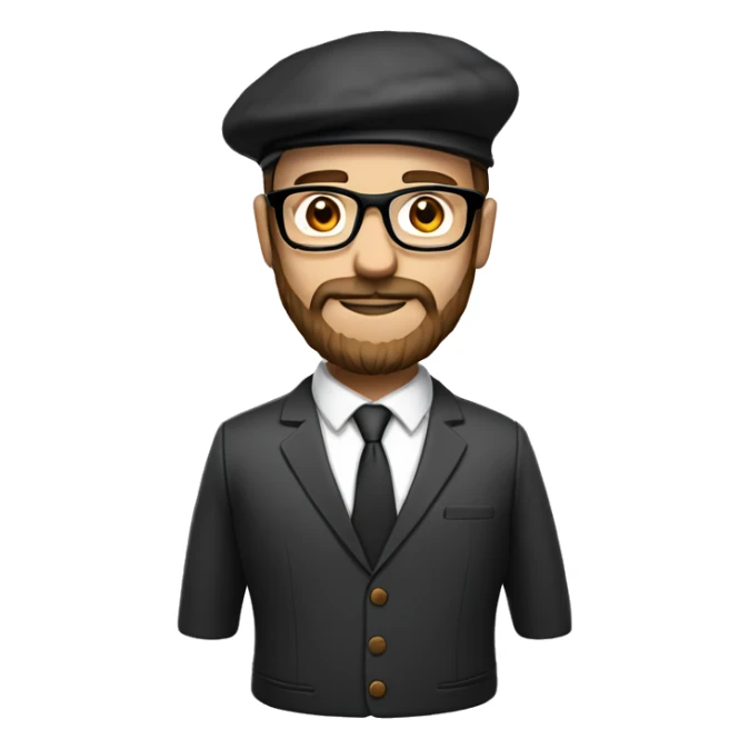 man, long brown beard, white skin, suit, brow shoes, glasses, beret hat sticker