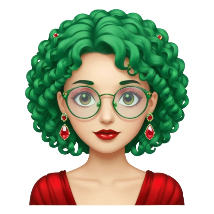 gem lover woman with gem accessories excessive amount gem glassess very big gem earrings green curly hair and red diamonds sticker