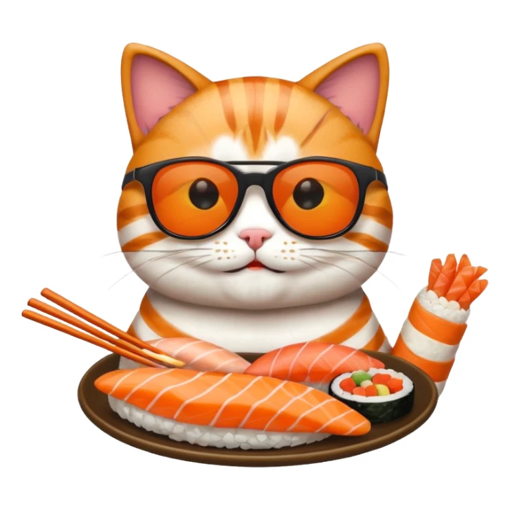 happy cat wearing sunglasses and eating sushi sticker