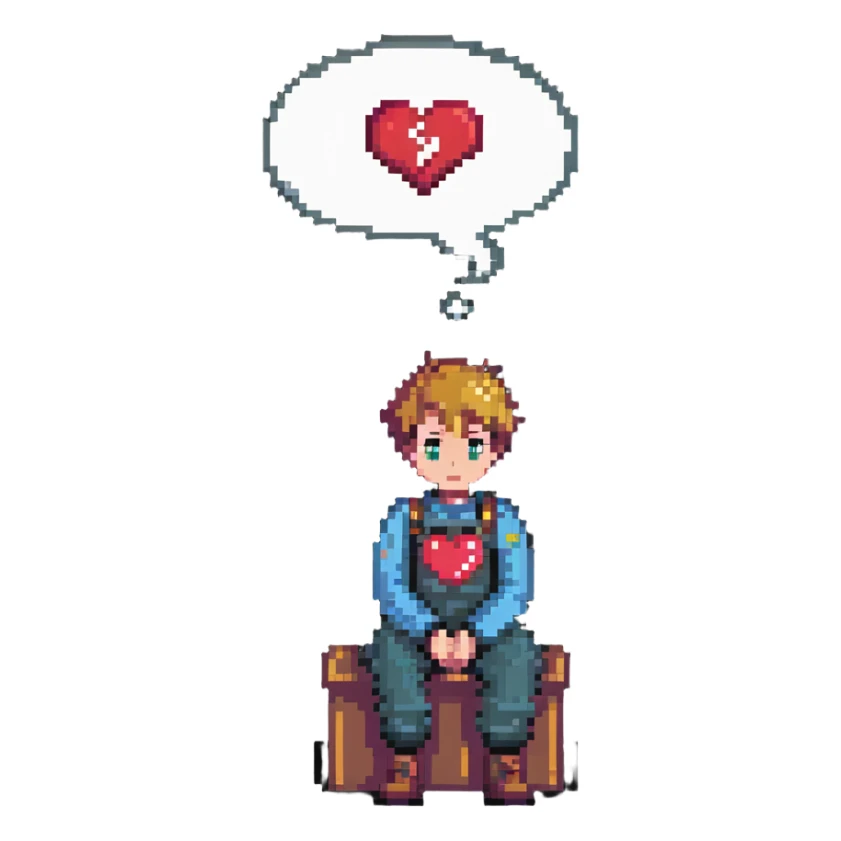 boy sitting, looking thoughtful, with a thought bubble containing a heart and question mark sticker
