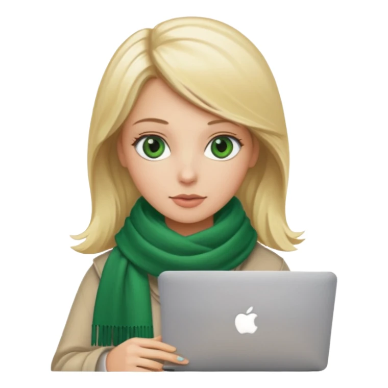 blond women skine , with green eyes , with scarf . with macbook sticker