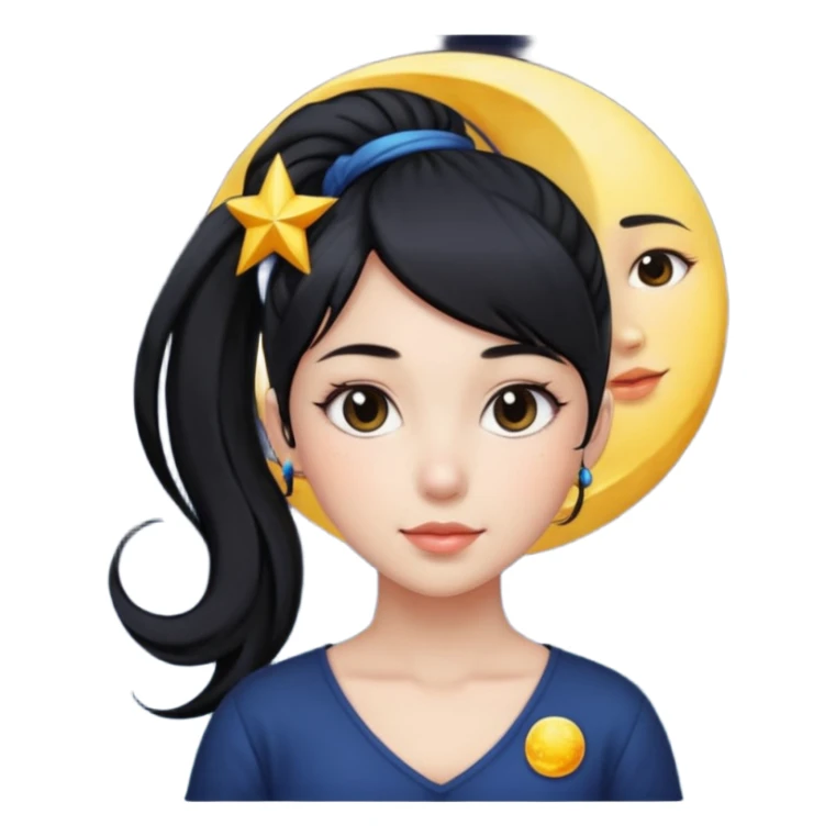 girl with black ponytail, sun, moon, star sticker