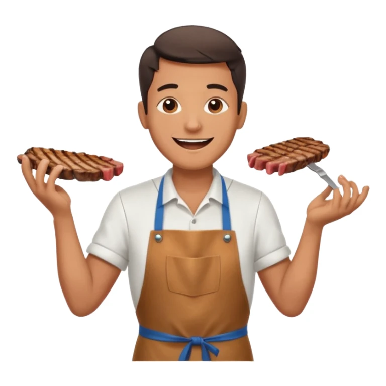 A cheerful man in an apron flipping meat on a sizzling grill with smoke puffing upward. sticker