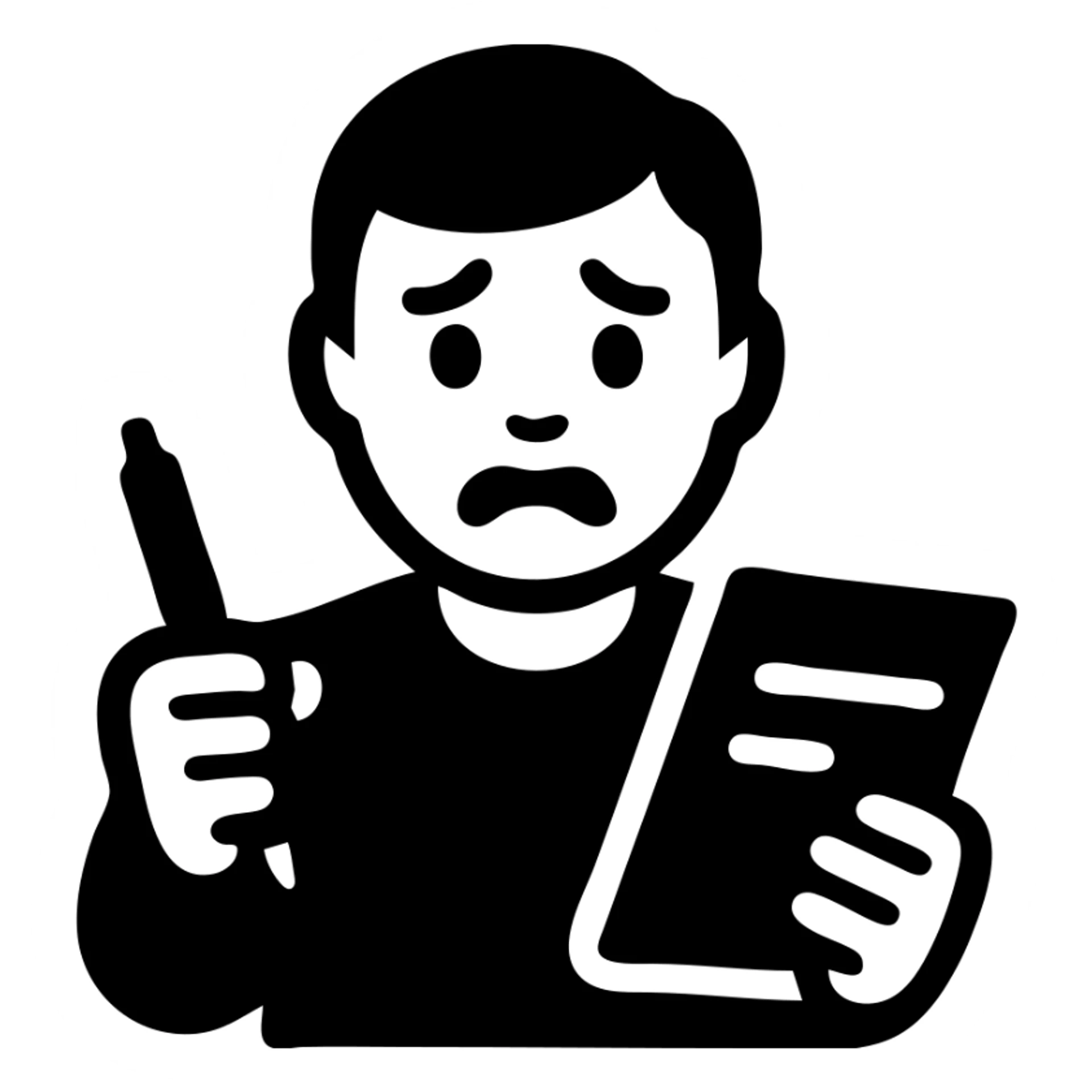 man committing loan perjury, holding a pen and fake papers, anxious expression sticker