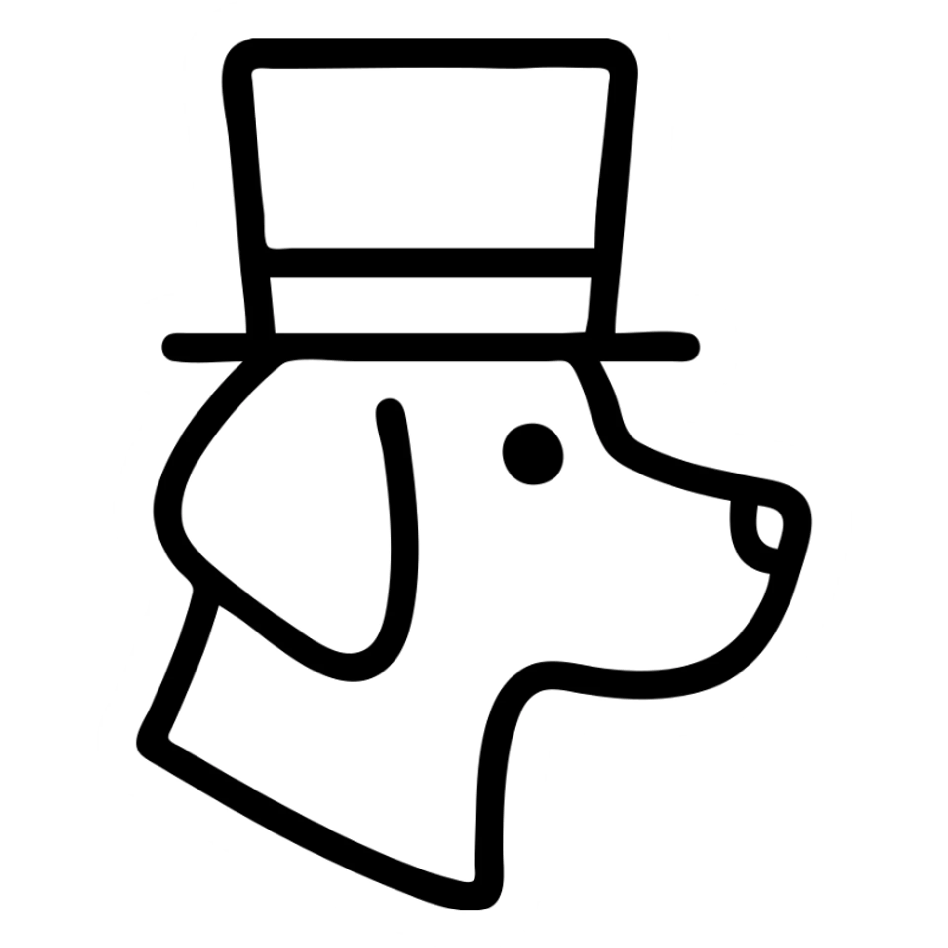 icon of a dog in a tophat, simple black outline sticker
