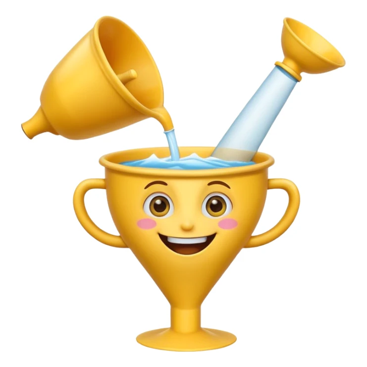 Crazy laughing emoji with an upside-down kitchen funnel on its head (not a hat), wide smile, big eyes, cartoon emoji style, bright colors. sticker