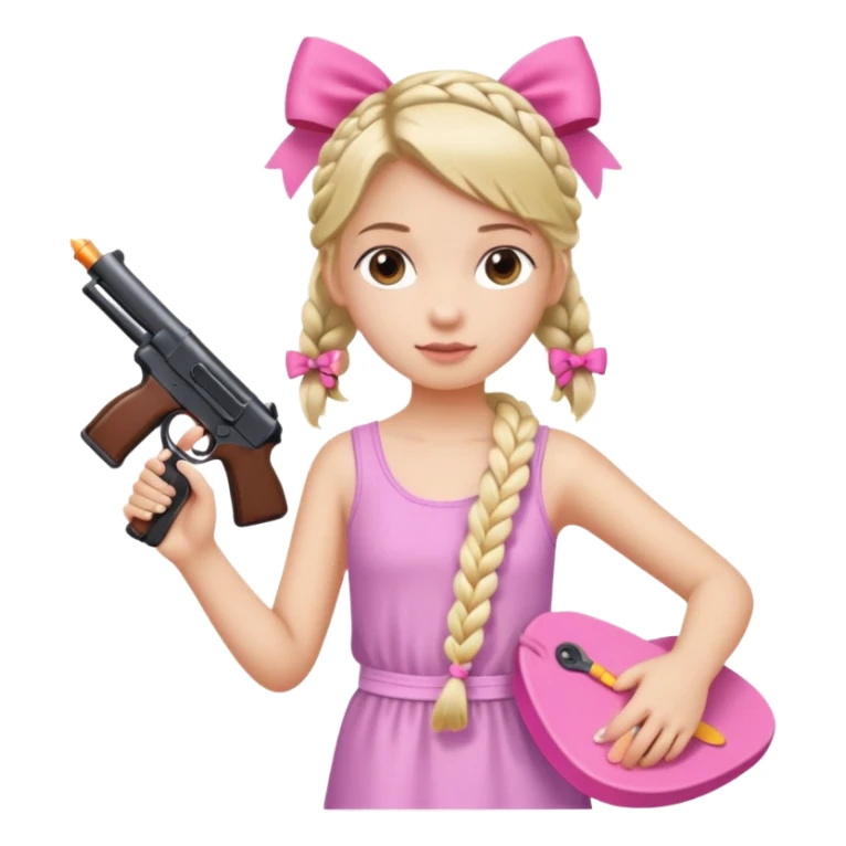 A girl who has a braid on one should and has a flipflop in one hand that has a bow while in the other hand she has a gun with a bow  sticker