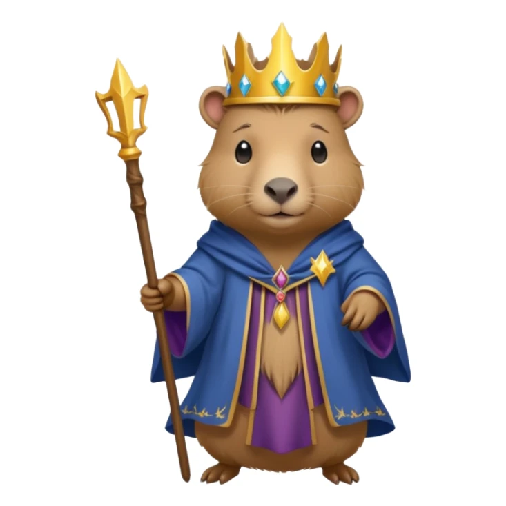 A mystical queen Capybara wearing a wizard robe and a wand sticker