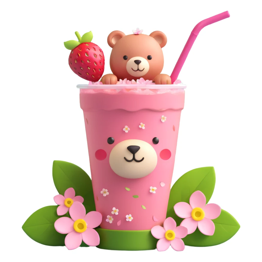 A pink strawberry drink cup with a straw, labeled "Strawbeary". The cup is adorned with cherry blossom flowers and has a cute bear peeking out from behind it. There are also strawberries with green leaves and scattered pink flower petals around the cup. sticker
