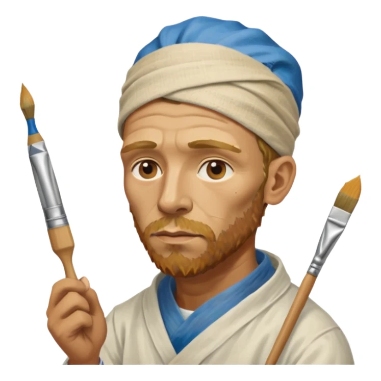 van gogh paints on a canvas. his ear is bandaged. sticker