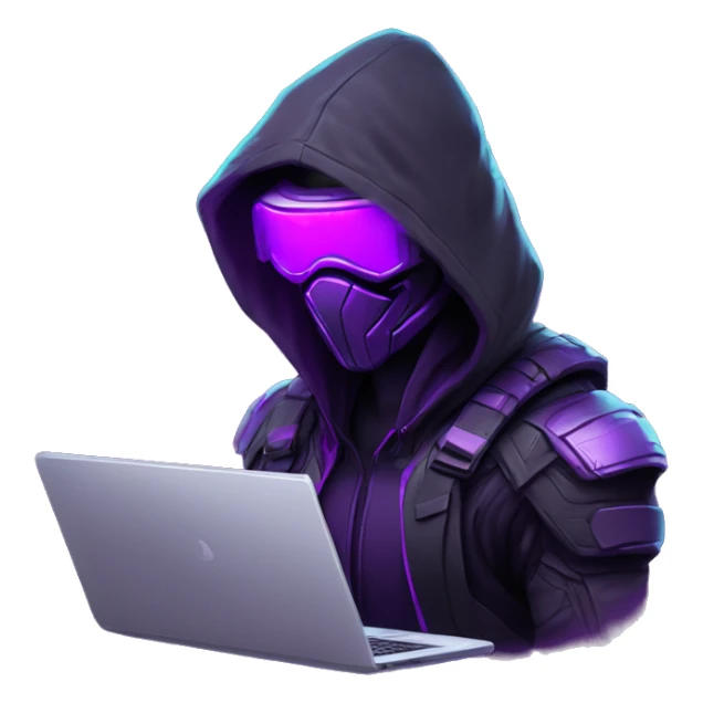 Side view developer behind his laptop with this style : crysis Cyberpunk Valorant neon glowing bright purple character purple violet black hooded assassin themed character sticker