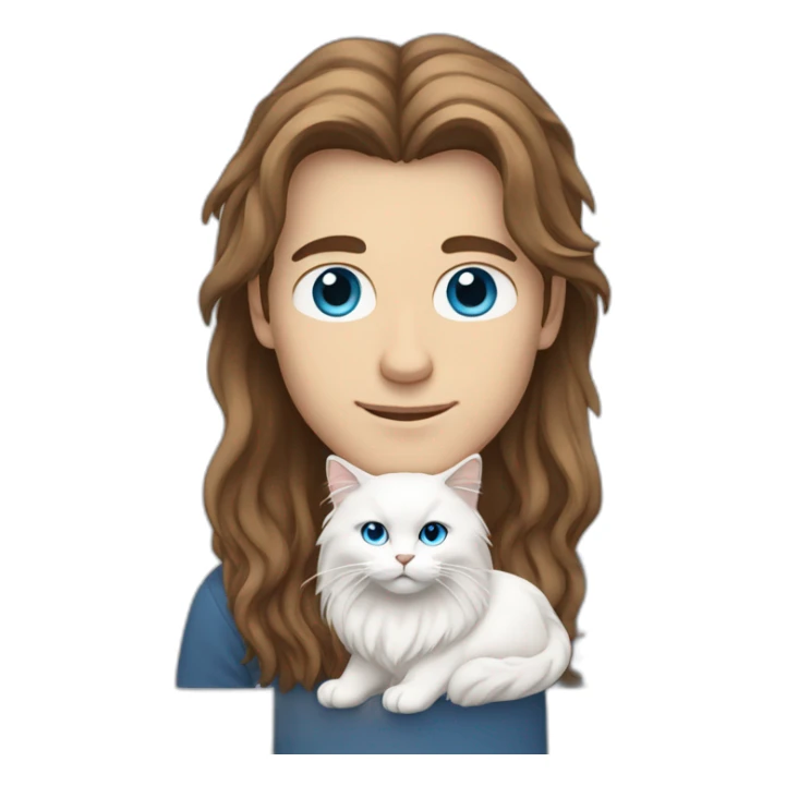 man with brown long hair and blue eyes holding a white Siberian cat sticker