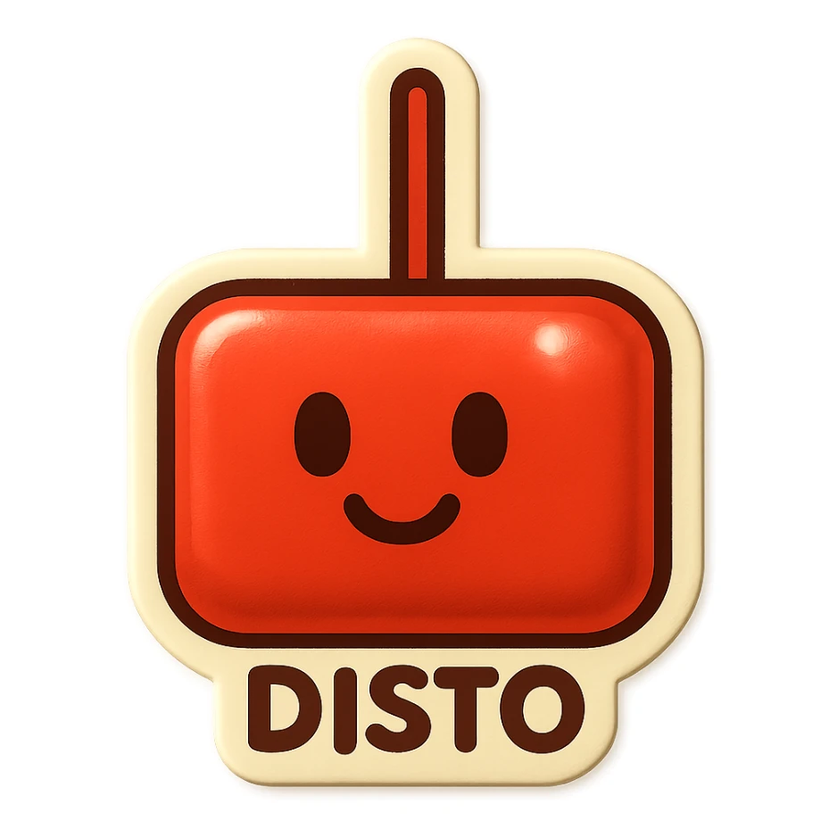 Transform the red block with a vertical line into a playful emoji called 'Disto'. Keep the bold red color and geometric simplicity. Add a friendly face and subtle details to give it character, while maintaining a minimal, iconic look in retro stickers style. sticker