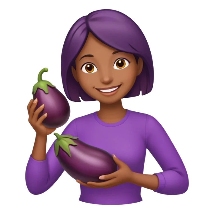 a dark medium brown woman holding an eggplant and smiling and coddling it  sticker