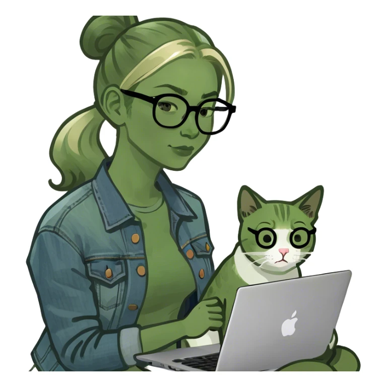 Blonde woman ponytail green eyes with cat and MacBook sticker