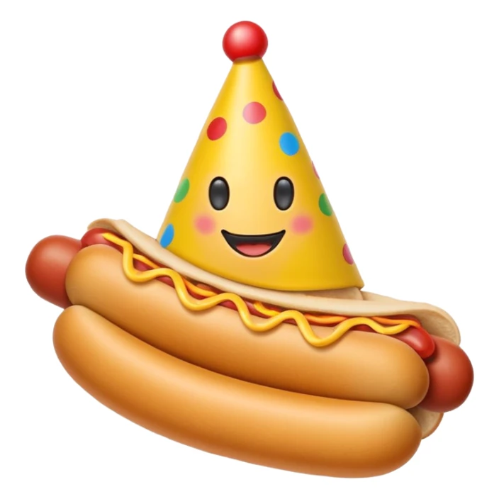 A hotdog wearing a party hat sticker