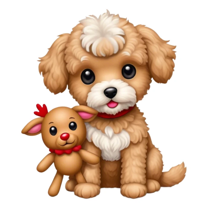 Tan maltipoo holding Rudolph the red  nose reindeer stuffed animal  sticker