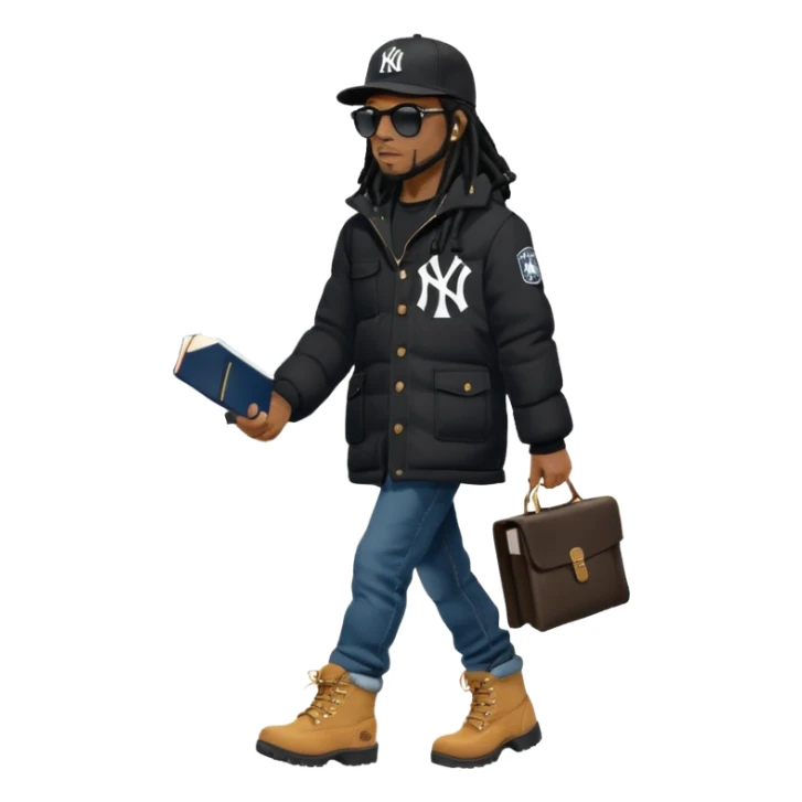 African American man with shoulder length black dreadlocks and black sunglasses wearing a black New York Yankees baseball hat with a North Face brand bubble winter coat with denim skinny jeans and timberland boots walkingholding a bible sticker