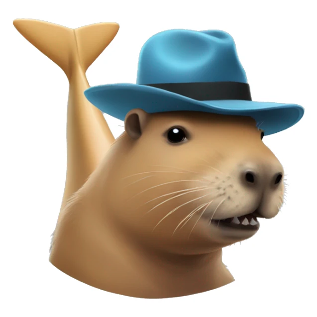 Capybara wearing a hat that's a shark sticker