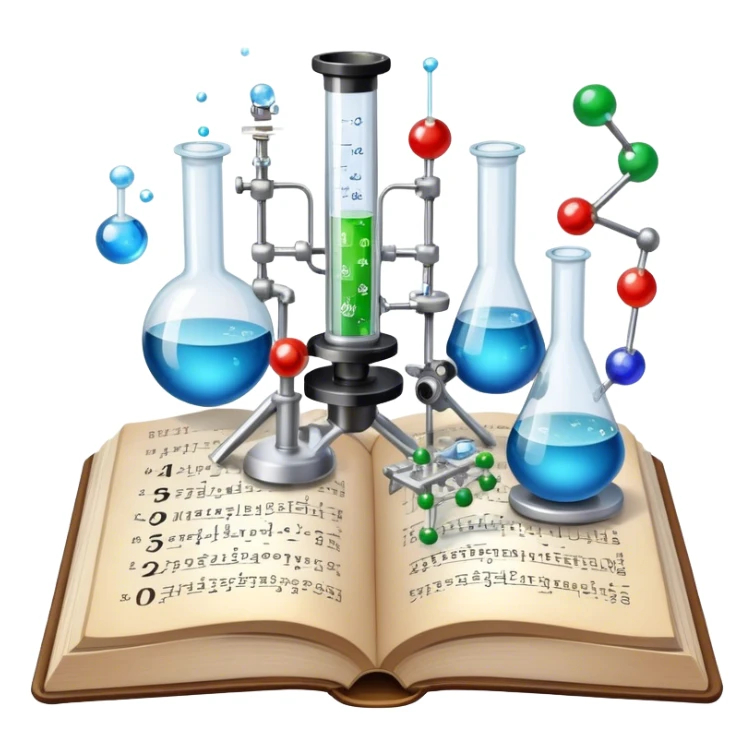 Icon for Scientific and Educational Reading: an open book with mathematical and physical formulas on the pages, with molecules and atoms flying out. On the desk are test tubes, flasks, and a microscope. Transparent background. sticker
