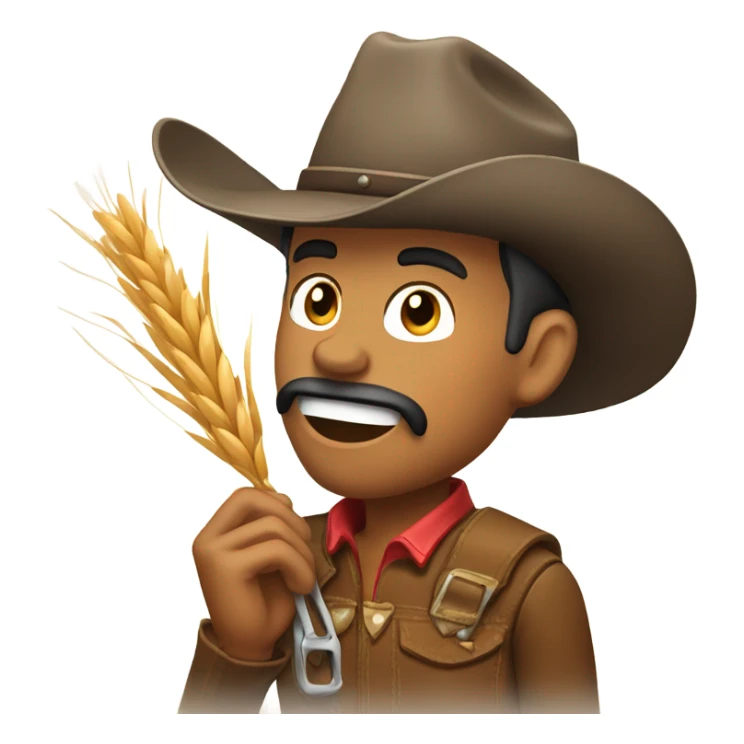Cowboy biting a piece of wheat sticker