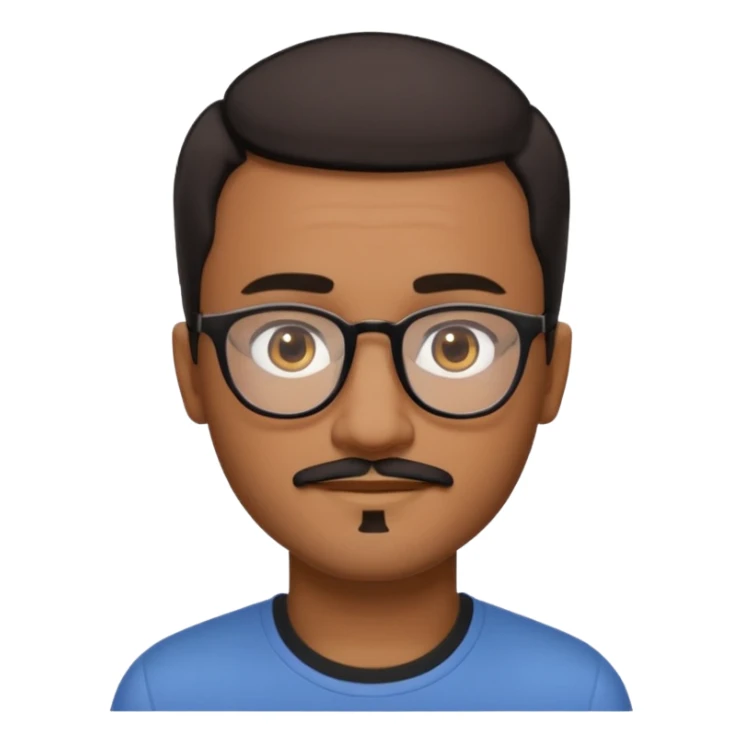 A friendly person with medium-brown skin, large warm brown eyes, thin rectangular glasses, a short mustache and small goatee, black short hair. Rounded face, calm slight smile. Head-and-shoulders emoji style, bold outlines, simple shapes, bright colors, transparent background. sticker