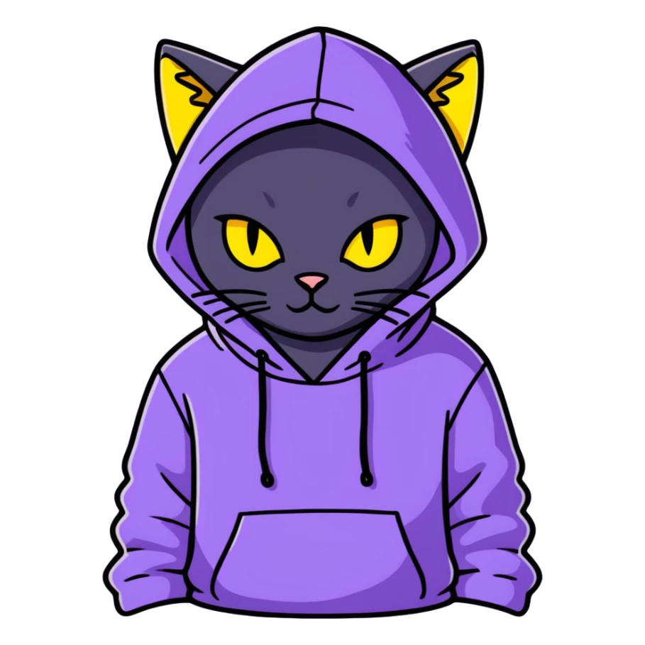 Black cat with yellow eyes wearing a violet hoodie  sticker