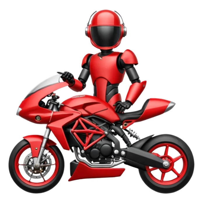 Un robot type bender de Futurama conduisant une mv Agusta 800rr dragster rouge et noir avec un casque et une combinaison de même couleur sticker