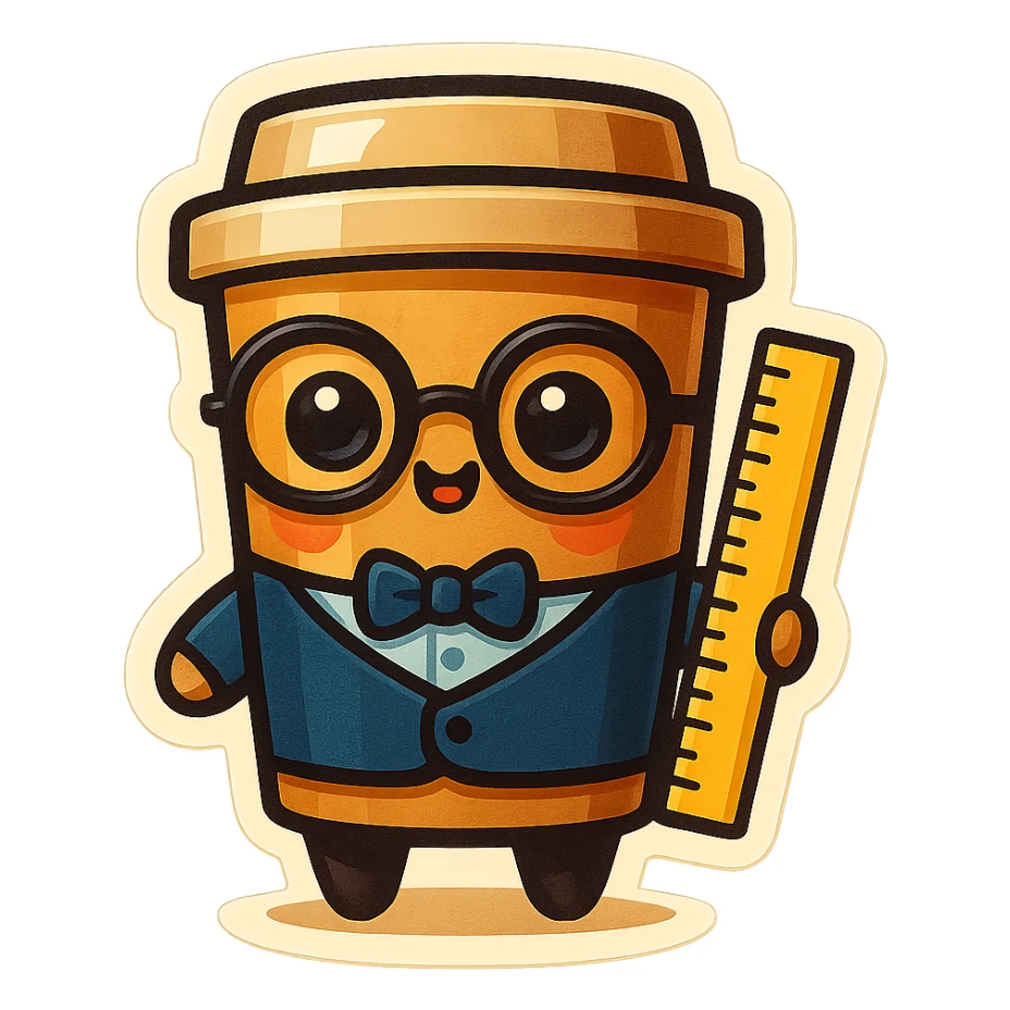 Tall coffee cup, holding a ruler, dressed as a teacher sticker