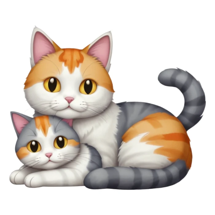 full body colourful light patched calico + white tabby cat cuddling a large grey and white cat  sticker