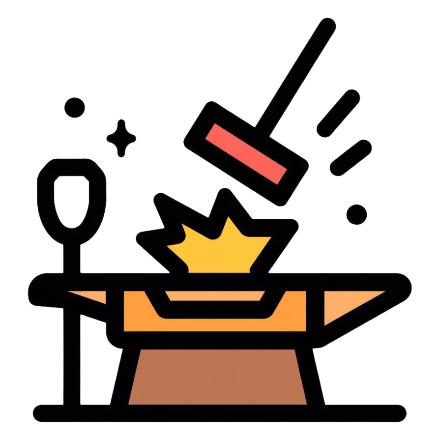 Blacksmithing icon, forged metal piece being shaped with hammer and anvil, glowing red-hot metal, blacksmith tools like tongs and chisel, sparks flying, minimalistic style, clean lines sticker