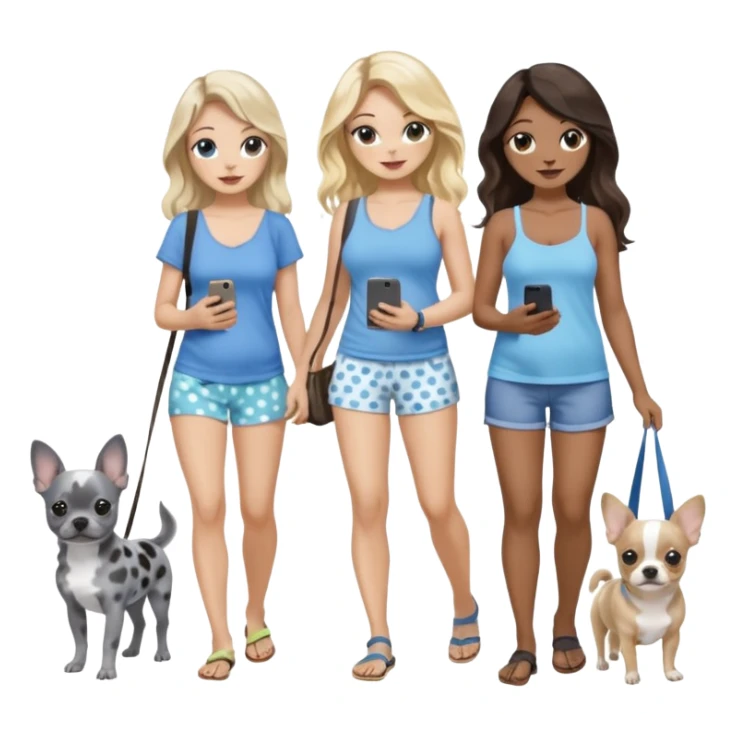 Three pretty women in beach clothes one walking a blue and gray spotted Merle Frenchie, one walking a black chihuahua puppy, one holding iPhone, hazel eyed light skin with dark blonde long hair and light light skin hazel eyed long wavy brown hair, blue eyed light skin long blonde hair  sticker