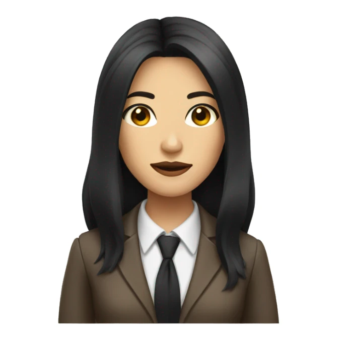 Female defense attorney with long black hair with brown suit sticker