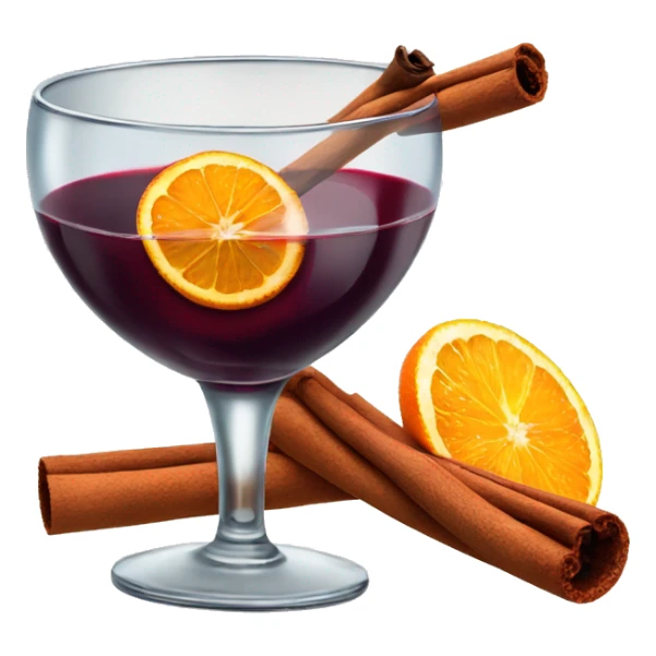 A martini glas filled with red wine, a cinnamon stick and a slice of orange sticker