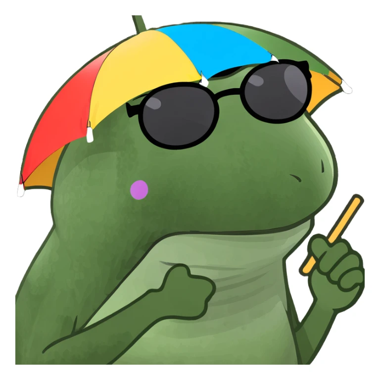 Make this frog look even more like the classic Bufo meme: green, wide-eyed, with the signature Bufo face, wearing a rainbow umbrella hat, round sunglasses, and holding a pink cocktail, in bufo style, no background. sticker